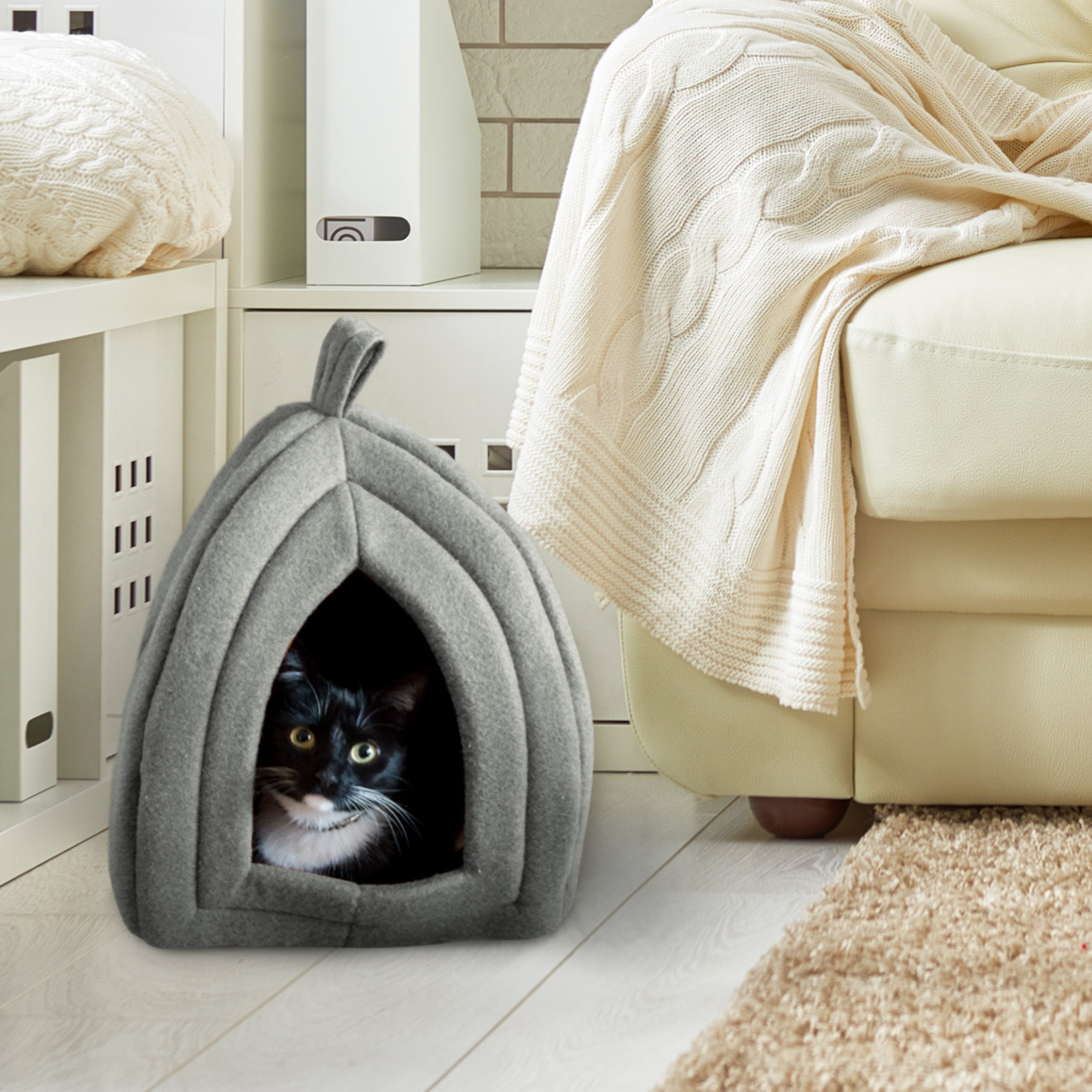 Cat House - Indoor Bed with Removable Foam Cushion - Pet Tent for Puppies, Rabbits, Guinea Pigs, Hedgehogs, and Other Small Animals by PETMAKER (Gray)