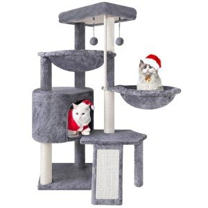 Cozy Grey Three-Layer Cat Tree with Hammocks