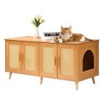 Cat Litter Box Cabinet with Rattan Decor Doors