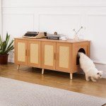 Cat Litter Box Cabinet with Rattan Decor Doors