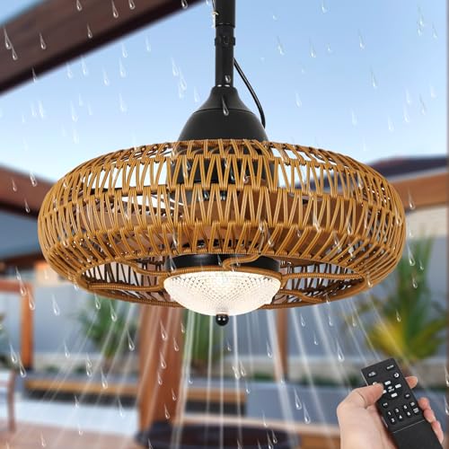 Waterproof Boho Rattan Ceiling Fan with Lights & Remote
