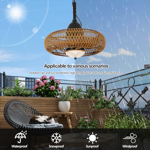 Waterproof Boho Rattan Ceiling Fan with Lights & Remote
