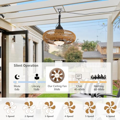 Waterproof Boho Rattan Ceiling Fan with Lights & Remote