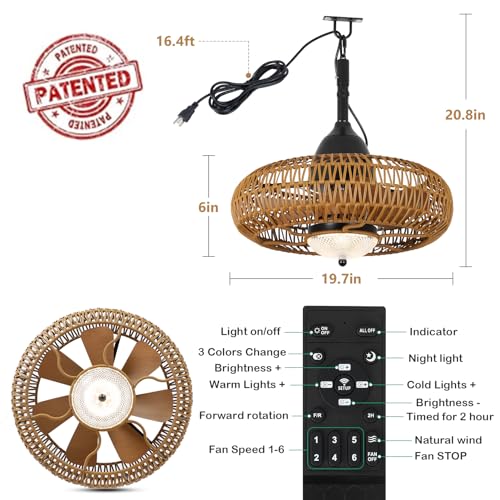 Waterproof Boho Rattan Ceiling Fan with Lights & Remote