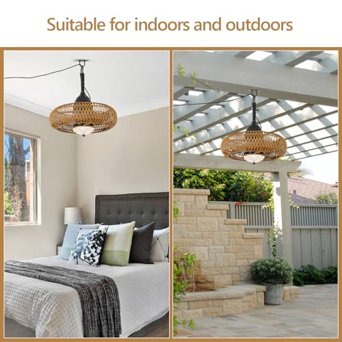 Waterproof Boho Rattan Ceiling Fan with Lights & Remote