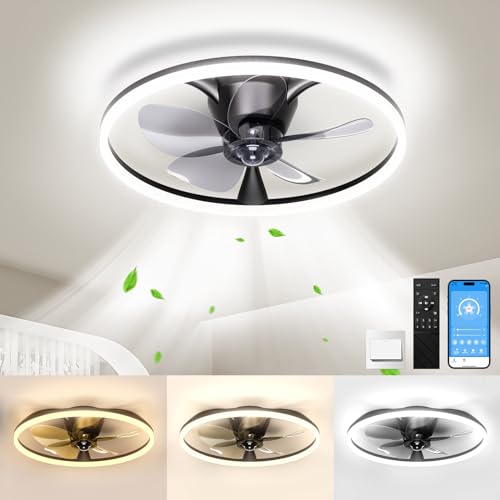 20'' Flush Mount Ceiling Fan w/ Lights, Remote - Black