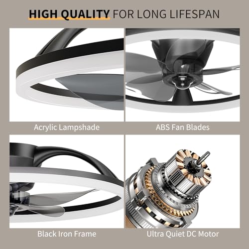 20'' Flush Mount Ceiling Fan w/ Lights, Remote - Black