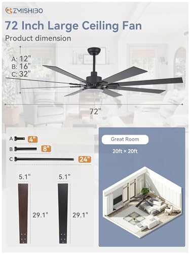 72" Black Ceiling Fan with Lights, Remote Control, Reversible