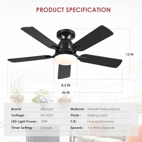 46" Low Profile Ceiling Fan with Lights & Remote (Black)