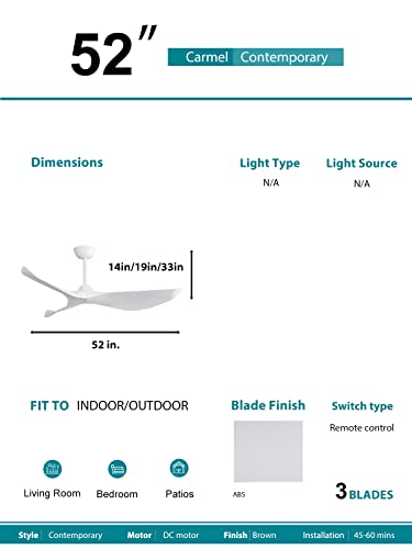 Sofucor 52" Modern Ceiling Fan, White, Reversible Motor