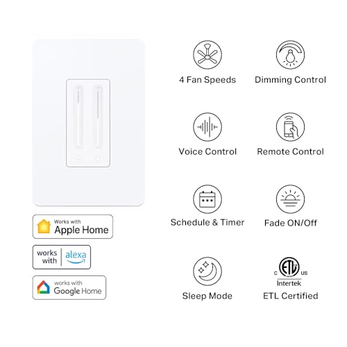 Smart Ceiling Fan Control & Dimmer Switch | Adjustable Speed & Brightness | Works with Apple HomeKit, Alexa, Google Home