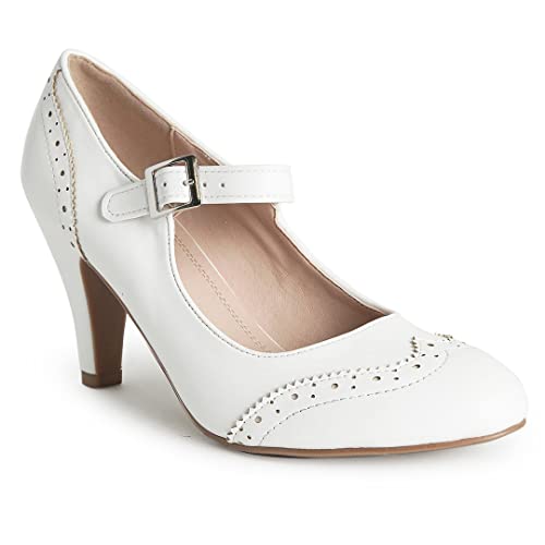 J. Adams Kym Heels for Women - White Vegan Leather Retro Mary Jane Oxford Pumps - 6