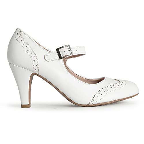 J. Adams Kym Heels for Women - White Vegan Leather Retro Mary Jane Oxford Pumps - 6