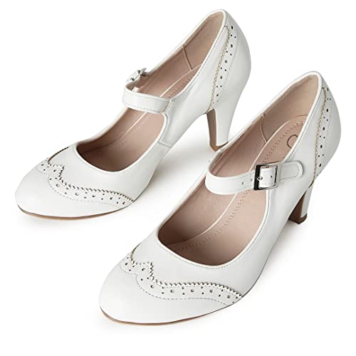 J. Adams Kym Heels for Women - White Vegan Leather Retro Mary Jane Oxford Pumps - 6