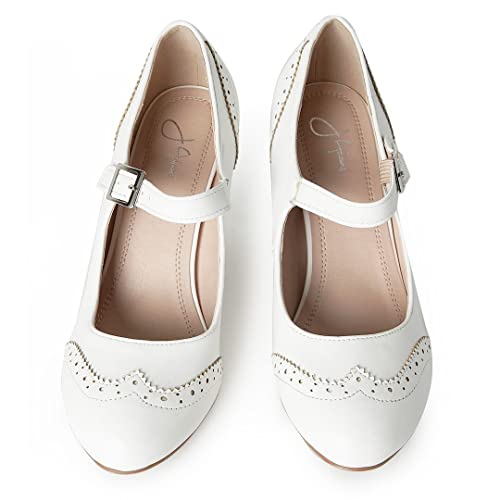 J. Adams Kym Heels for Women - White Vegan Leather Retro Mary Jane Oxford Pumps - 6