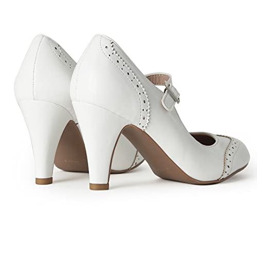 J. Adams Kym Heels for Women - White Vegan Leather Retro Mary Jane Oxford Pumps - 6