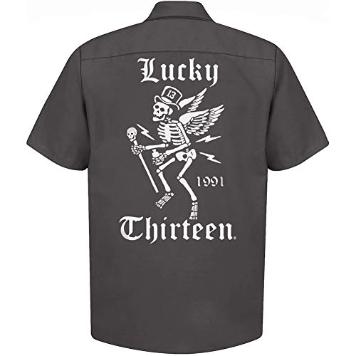 Lucky 13 Men's Winged Skull Work Shirt Charcoal S