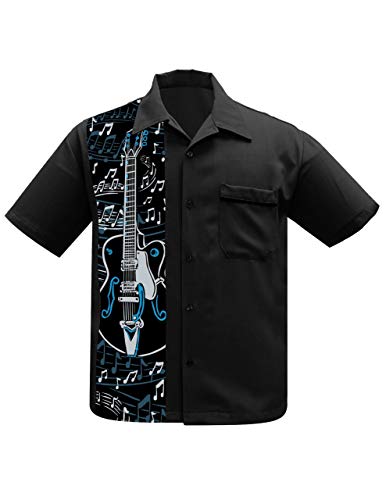 Black Guitar Panel Button Up Rockabilly Shirt (XL)