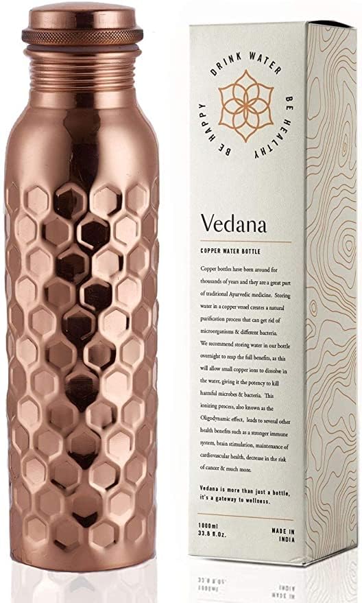 VEDANA Premium Honeycomb Ayurvedic Copper Water Bottle - 1L