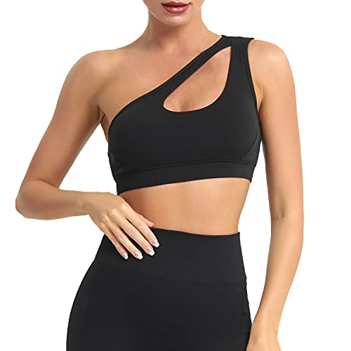 Black One Shoulder Sports Bra for Women Medium Support