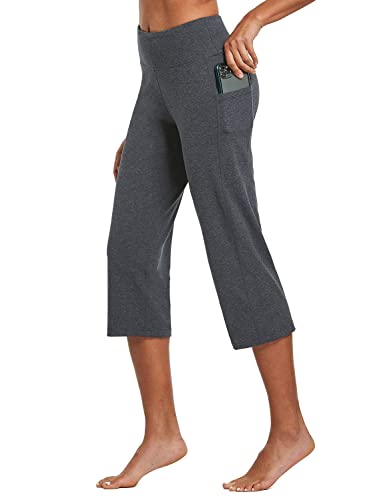BALEAF Yoga Pants for Women Capris High Waist Leggings with Pockets Wide Leg Exercise Workout Crop Straight Open Bottom Charcoal L