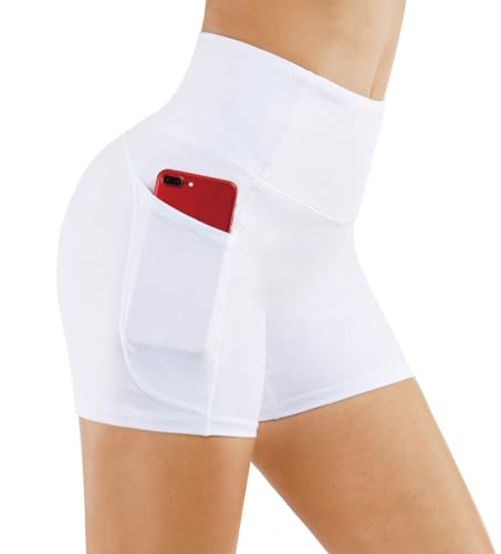 THE GYM PEOPLE High Waist Yoga Shorts for Women Tummy Control Fitness Athletic Workout Running Shorts with Deep Pockets (X-Large, White)