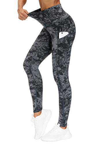 THE GYM PEOPLE Thick High Waist Yoga Pants with Pockets, Tummy Control Workout Running Yoga Leggings for Women (X-Large, Gray-Marble)