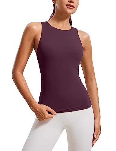 CRZ YOGA Butterluxe Womens Racerback Workout Tank Top with Built in Shelf Bra - Padded High Neck Yoga Athletic Camisole Deep Purple Large