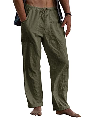 Army Green Men's Linen Yoga Pants with Pockets