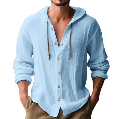 Men's Linen Beach Yoga Hooded Shirts Blue, 3X-Large