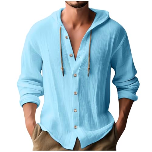Sky Blue Cotton Linen Men's Hoodie with Drawstring
