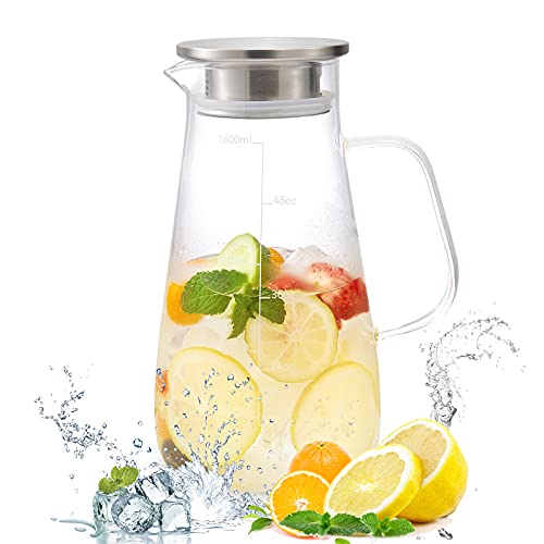 Glass Pitcher with Stainless Steel Lid, 56oz Jug
