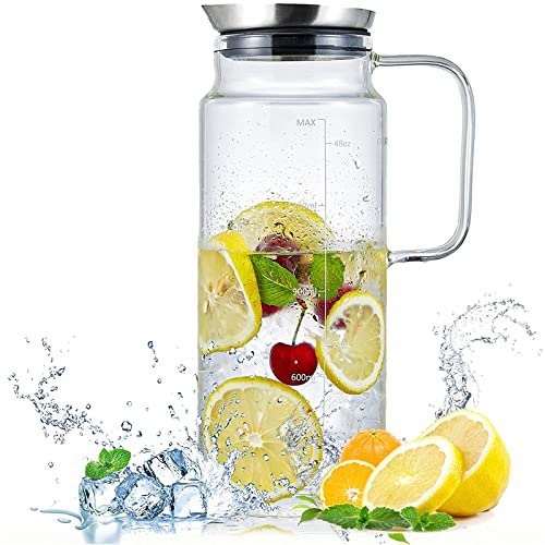 Glass Pitcher with Stainless Steel Lid, 50oz Capacity