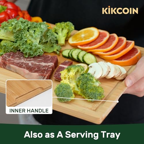 Kikcoin Bamboo Cutting Board, XL Heavy Duty with Handle