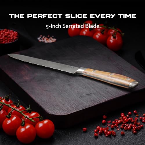 5" Serrated Knife: High Carbon Steel, Full Tang, Zebra Wood