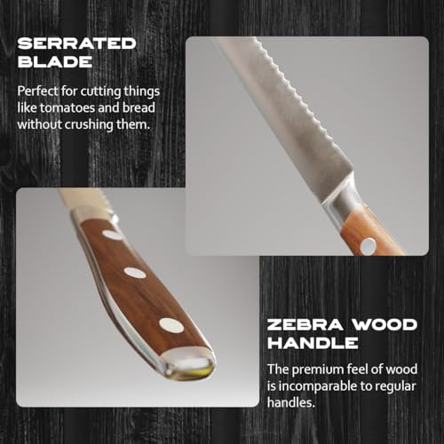 5" Serrated Knife: High Carbon Steel, Full Tang, Zebra Wood
