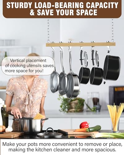 36-Inch Wooden Ceiling Mounted Pot Rack in Brown