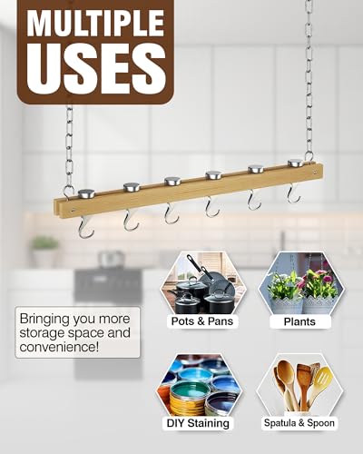 36-Inch Wooden Ceiling Mounted Pot Rack in Brown