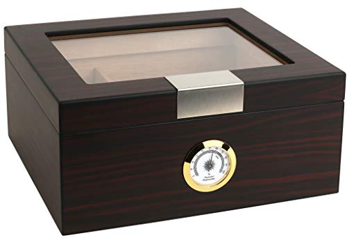 Ebony Wood Glass-Top Cigar Humidor Box - Holds 25-50 Cigars