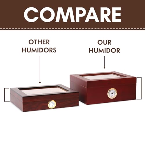 Ebony Wood Glass-Top Cigar Humidor Box - Holds 25-50 Cigars