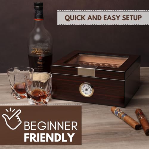 Ebony Wood Glass-Top Cigar Humidor Box - Holds 25-50 Cigars