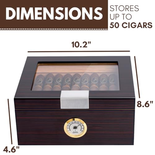 Ebony Wood Glass-Top Cigar Humidor Box - Holds 25-50 Cigars