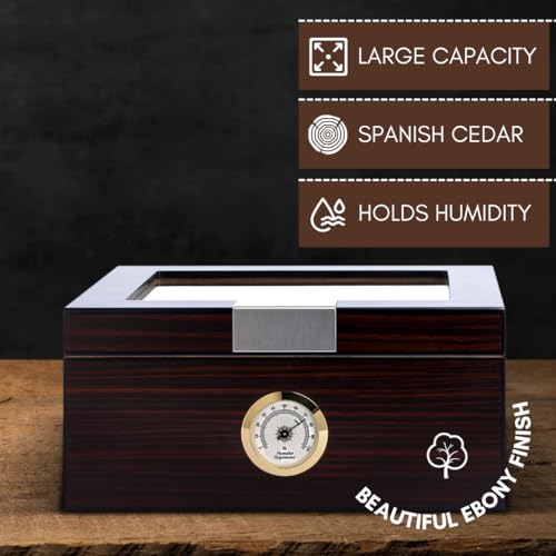 Ebony Wood Glass-Top Cigar Humidor Box - Holds 25-50 Cigars