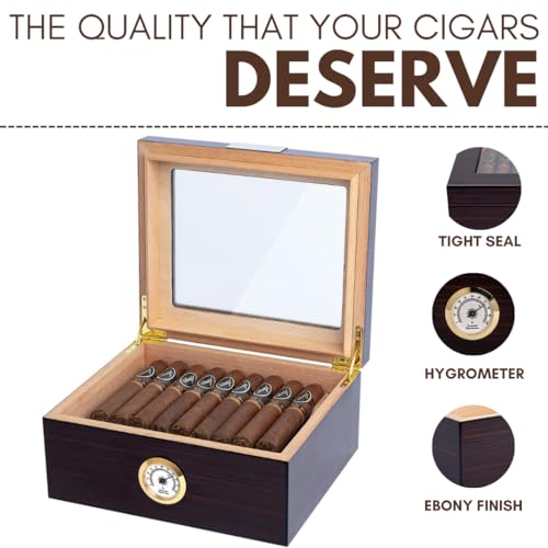 Ebony Wood Glass-Top Cigar Humidor Box - Holds 25-50 Cigars