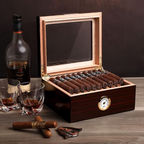 Ebony Wood Glass-Top Cigar Humidor Box - Holds 25-50 Cigars