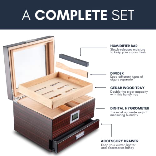 Mantello Cigars Humidor with Digital Hygrometer, Holds 25-50 Cigars