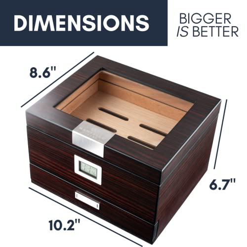 Mantello Cigars Humidor with Digital Hygrometer, Holds 25-50 Cigars