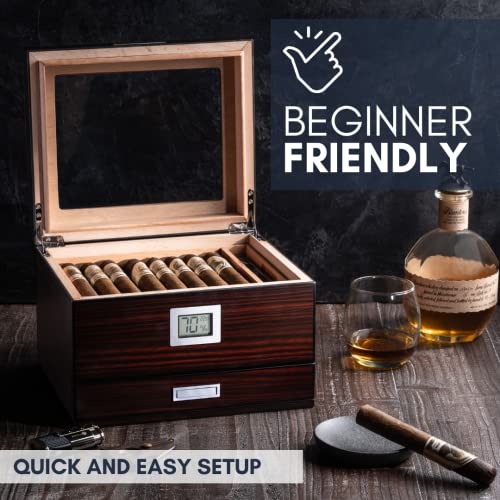 Mantello Cigars Humidor with Digital Hygrometer, Holds 25-50 Cigars