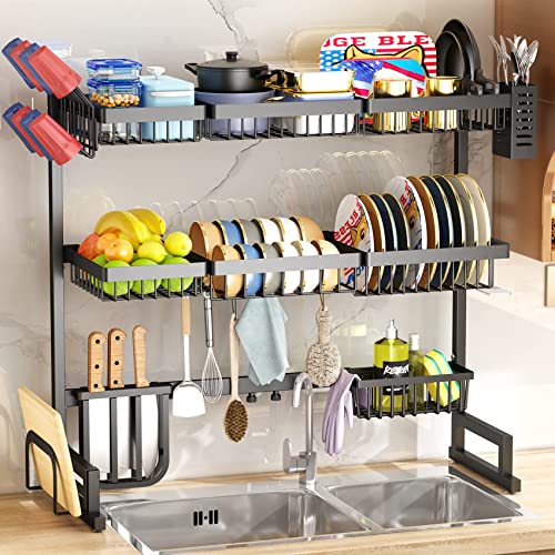 Adjustable 3 Tier Over-The-Sink Dish Drying Rack, Black
