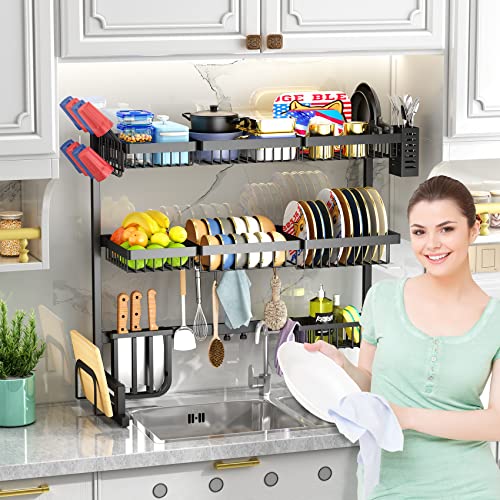 Adjustable 3 Tier Over-The-Sink Dish Drying Rack, Black